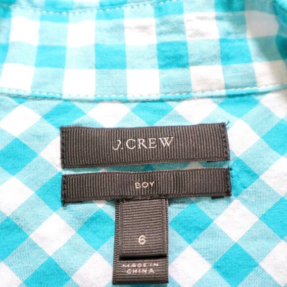 J Crew Size 6 Gingham Check Button Down Boy Shirt White Turquoise - Picture 9 of 10